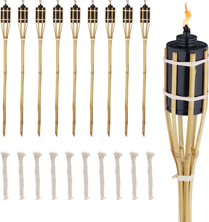 tuinfakkels - set van 10 - 80 cm - bamboe - met reservelonten - oliefakkels - natuur