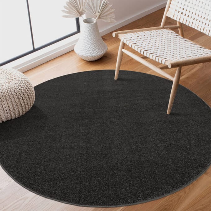 Uni Rond Effen Laagpolig Vloerkleed Modern Donker Grijs- 200 CM Ø