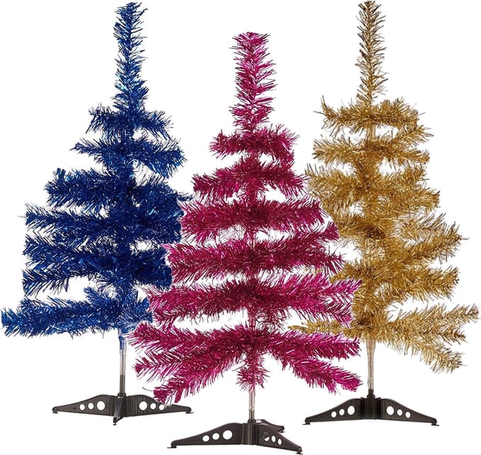 Arte r Set kleine glitter folie kerstbomen 3 stuks - 60 cm - brons roze ijsblauw - kunststof met voet
