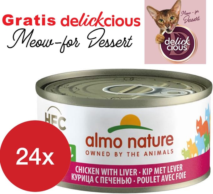 Almo Nature kip met lever 24 x 70 gram met GRATIS Delickcious dessert