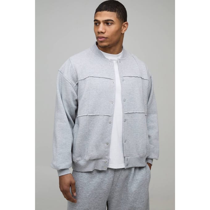 Boxy Fit Geplooide Paneel Jersey Bomber Jacket | Grey | Size Small