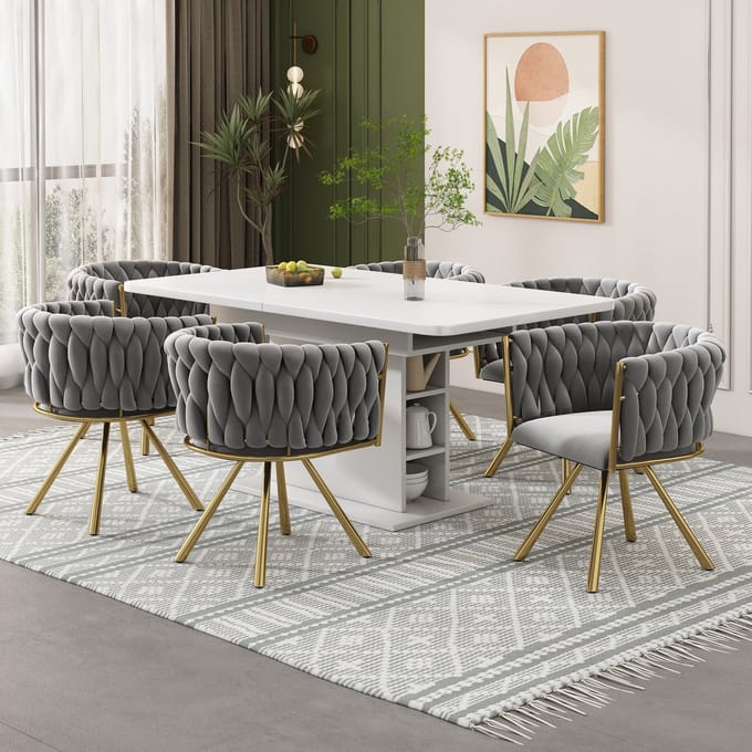 MODFU Eetkamerstoel set van 6, gestoffeerd fluweel, 360° draaibaar, stalen vierpoot, modern design, grijs/goud