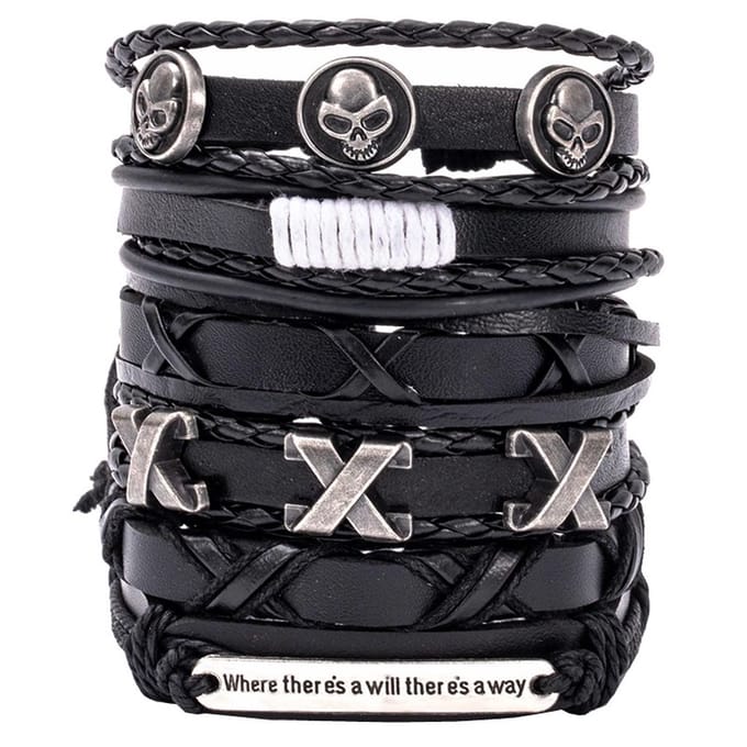 Fako Bijoux® - Armband Leer - Set Deluxe Triple X - 6 Stuks - Zwart/Bruin