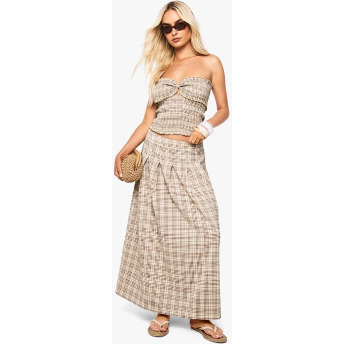 boohoo Dames Gecheckte geplooide midi-rok met split | Beige | Maat: 12