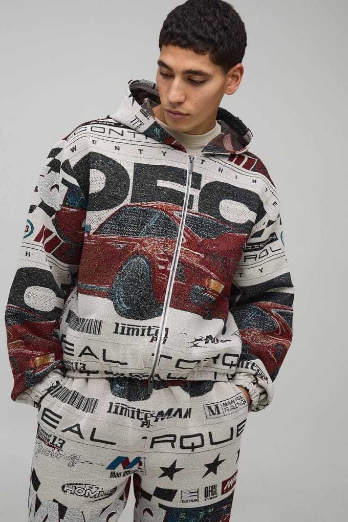 Oversized Boxy Moto Tapestry Hoodie | Red | Size Medium