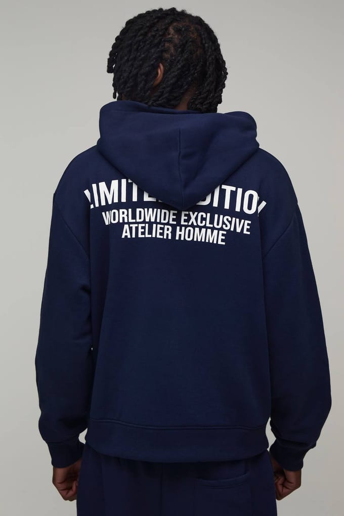 Tall Oversized Boxy Limited Edition Zip Through Hoodie | Navy | Size Medium