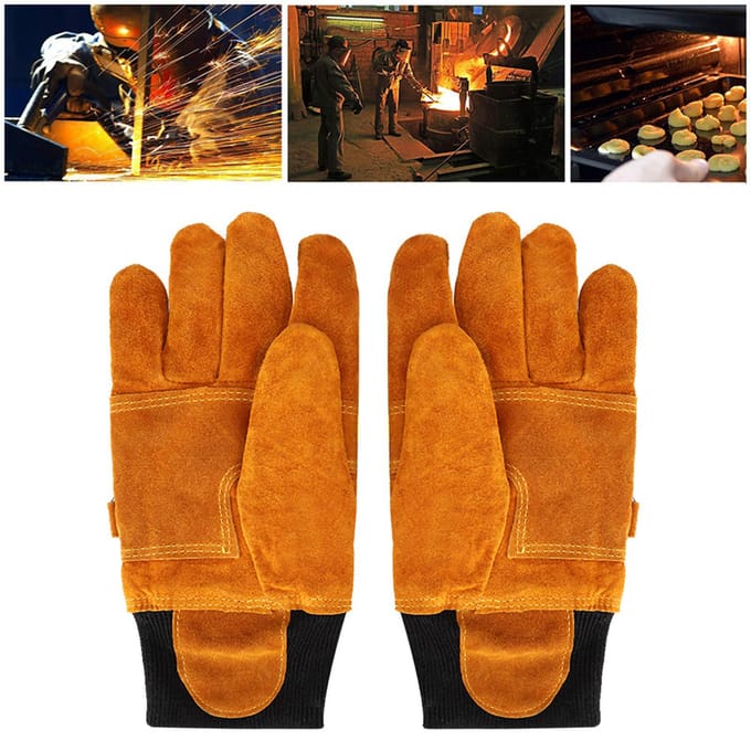Paar Koeienleren Handschoenen Brandwerend Hittebestendig Lange Veiligheidshandschoenen yellow
