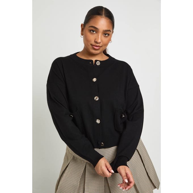 boohoo Dames Plus Ribgebreide vest met knopen | Zwart | Maat: 56