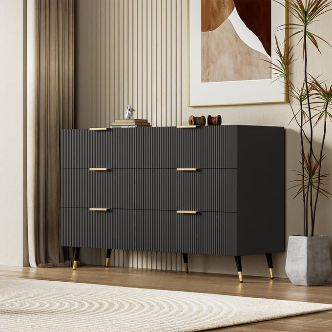 OKWISH Dressoirs 120x77x40 cm - Kast Met 6 Laden - Modern En Functioneel - Industrieel Design - Hout - Zwart