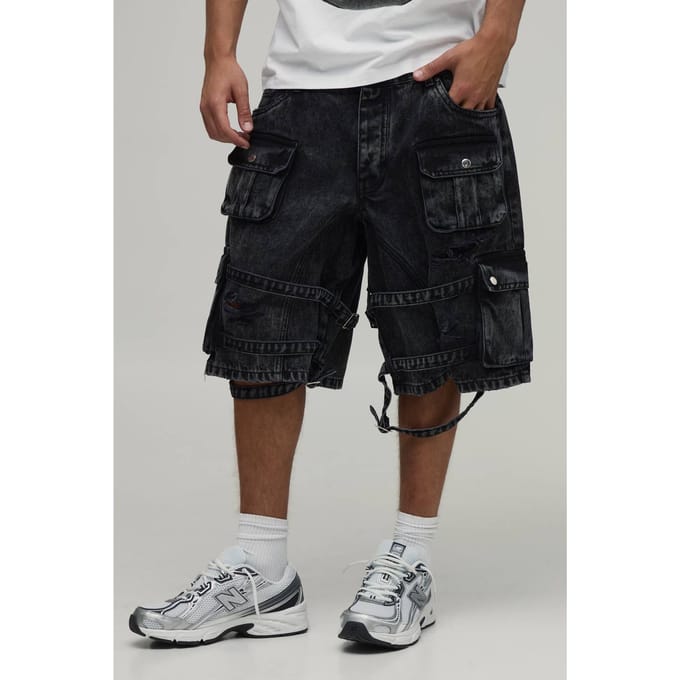 Parachute Extreme Gewassen Multi Cargo Gescheurde Shorts | Black | Size 46