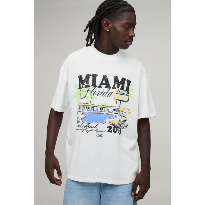 Wit Oversized T-shirt Met Miami Zwembad Print | White | Size Small