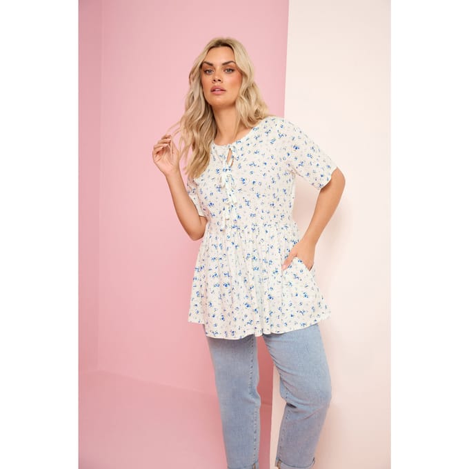 Yours Ivoorwitte Peplumtop Met Strik En Fijne Print Size 46