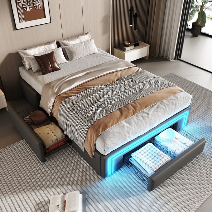 MODFU Bedframe 90x200 cm – Grijs PU met lades & RGB LED – Zonder hoofdbord