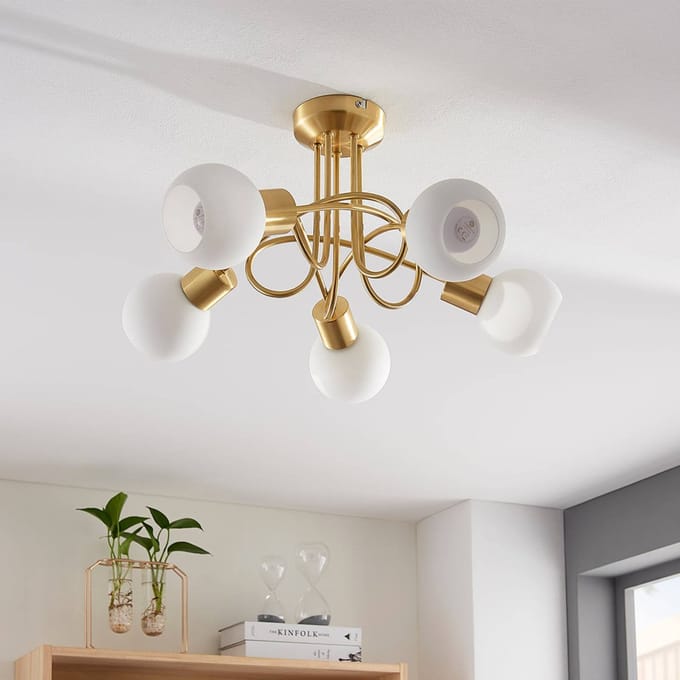 Lindby - plafondlamp - 5lichts - Glas, metaal - H: 25.5 cm - E14 - wit, mat messing