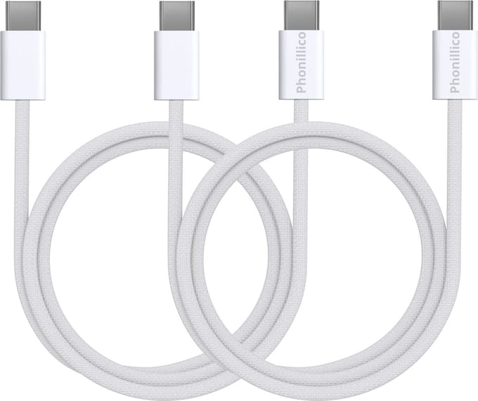 2x USB C naar USB C Nylon Gevlochten Kabel Wit - 2 meter - Oplaadkabel voor iPhone 18 DUO / 18 PRO MAX / 18 PRO / 17e / 17 / iPhone 17 AIR / iPhone 17 PRO / iPhone 17 PRO MAX