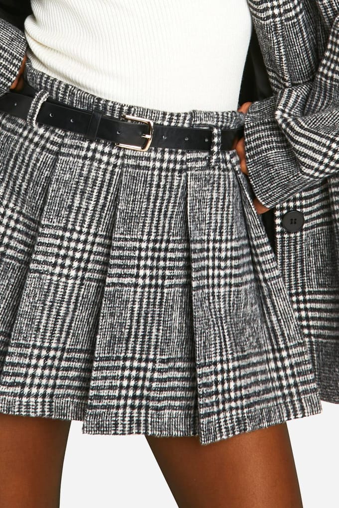 boohoo Dames Premium Wollook Geruite Ceintuur Mini Rok | Zwart | Maat: 40