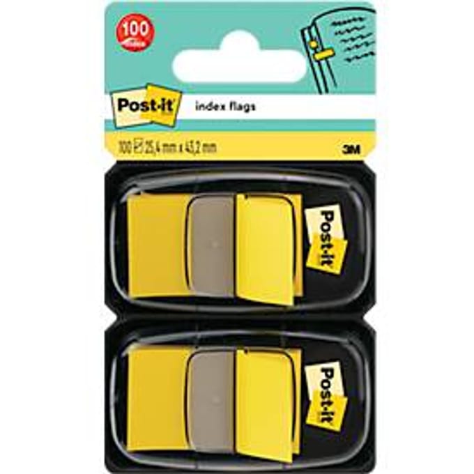 Post-it® Index-kleefstroken 680-YW2, verwijderbaar, B 25,4 x D 43,2 mm, geel, 2 dispensers, 50 kleefstroken/dispenser