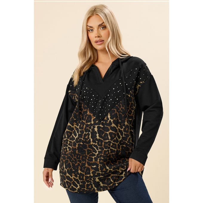 Yours Zwarte Luipaardprint Stud Hoodie Size 50-52