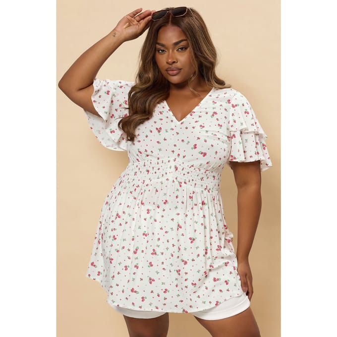 Yours Top Met Aardbeienprint En Fladdermouwen In Wit Size 46