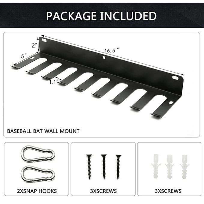Honkbalknuppelhouder 9 tanden Wandmontage Knuppelrek Heavy Duty Staal Honkbalknuppelhanger Houdt 16 zwart