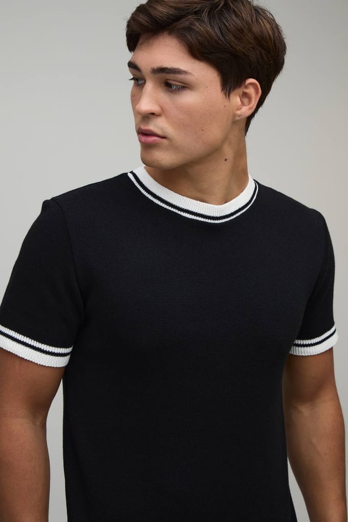 Muscle Fit Gebreid T-shirt Van Katoenmix Met Getipte Details | Black | Size Medium