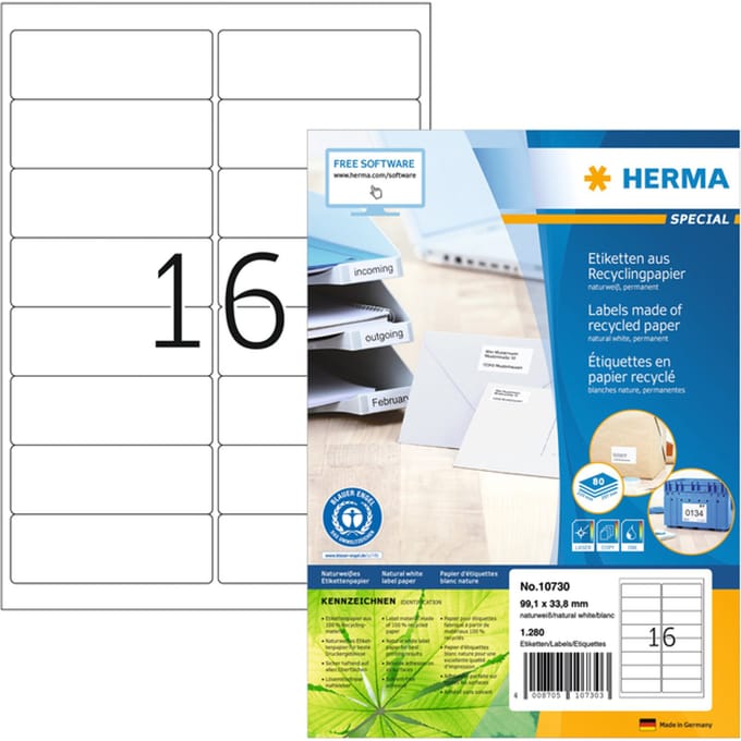 10730 - White - Self-adhesive printer label - Die-cut label - A4 - Paper - Laser/Inkjet