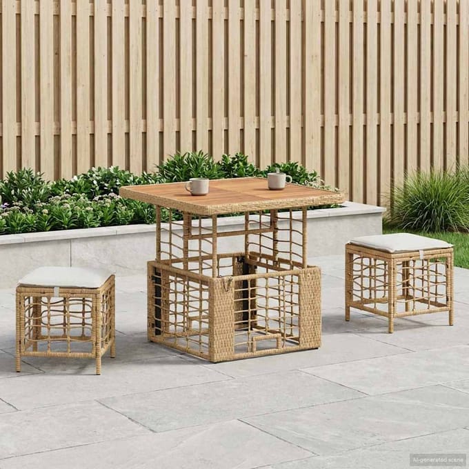 vidaXL Tuin eettafelset 3 st Natuur en Wit Poly Riet en Acaciahout