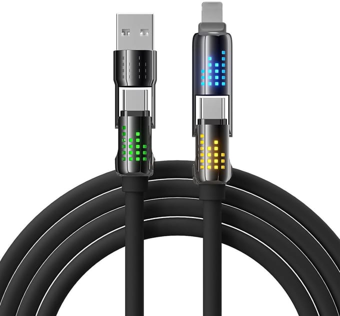 DrPhone NeonCharge 240W – 4-in-1 RGB Oplaadkabel – USB-C / USB-A naar USB-C & Compatibel met Lightning – 480Mbps Data – 1,2 Meter – Zwart