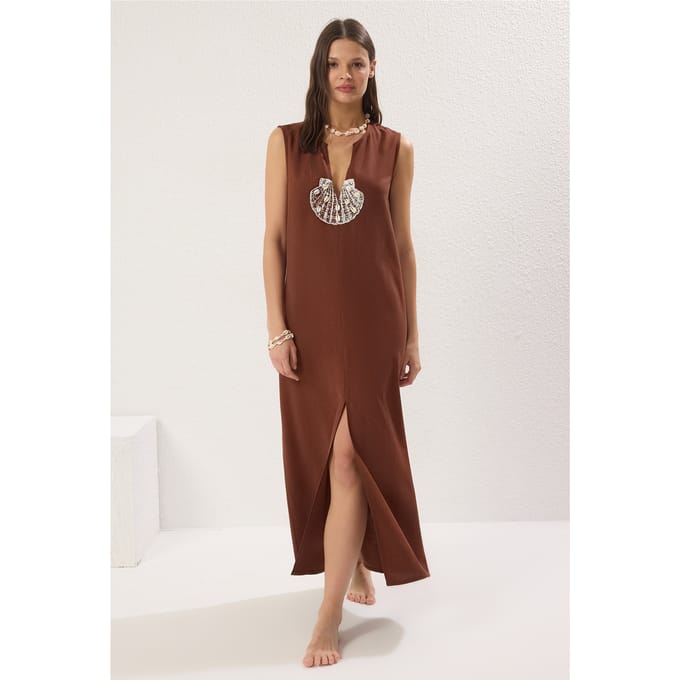 Damesjurk, rechte maxi-jurk, nauwsluitend model, strandjurk