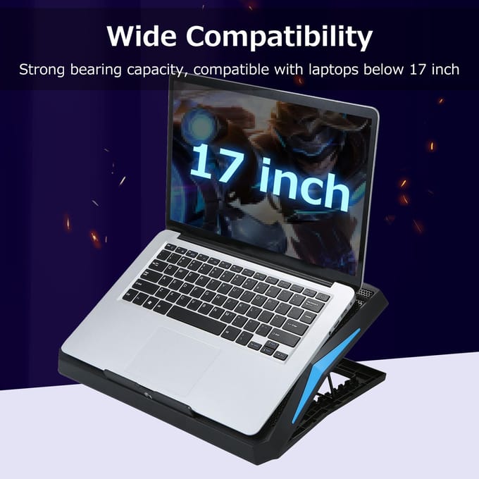 Opvouwbare laptopkoeler 6-ventilatoren Laptopkoelstandaard Laag geluidsniveau met 6-standen verstelbare hoogte Dubbele USB zwart