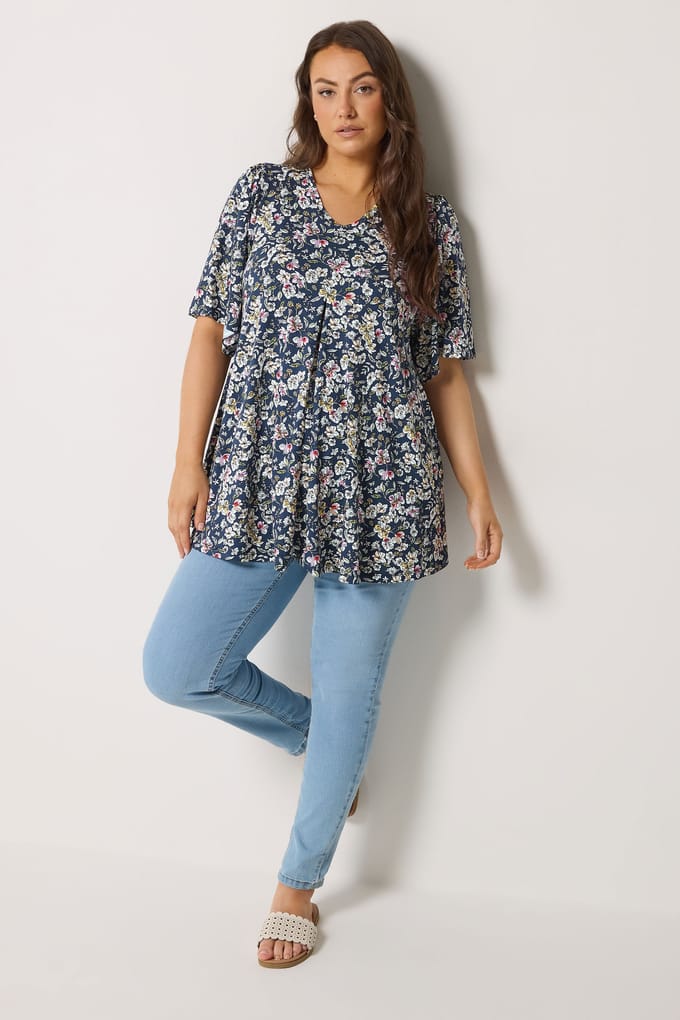 Yours Marineblauwe Top Met Plooien Aan De Voorkant Size 48