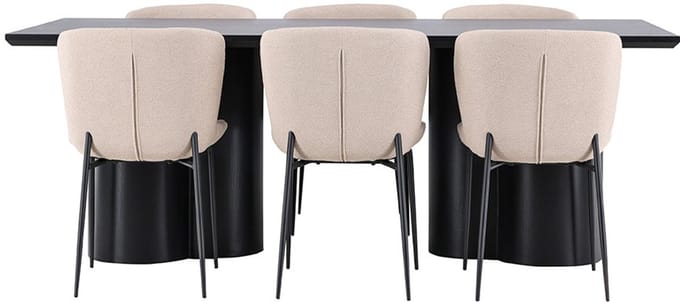 Olivia eethoek tafel 100x210cm en 6 bouclé stoelen zwart.
