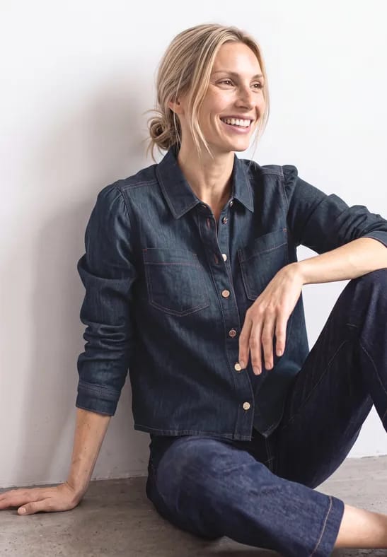 Denimblouse met lange mouwen en knopen