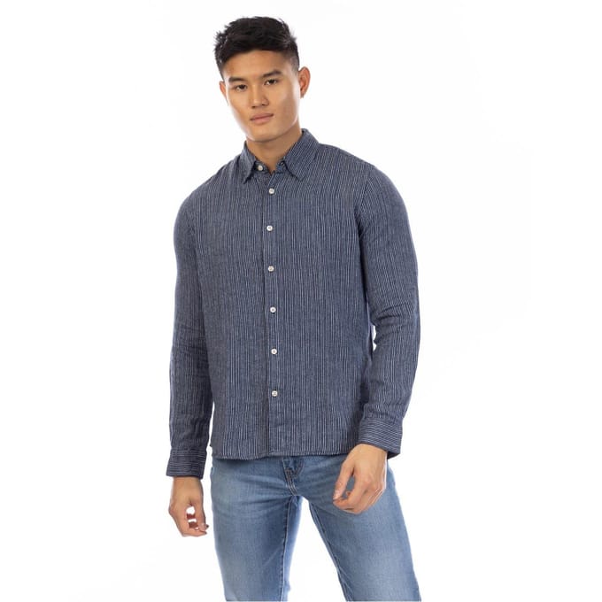 Peter Werth Heren Raymont Pinstripe Overhemd met Kraagje (Donker marine/wit)