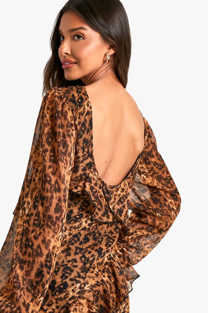boohoo Dames Luipaard Ruffle Chiffon Maxi-jurk | Maat: 36