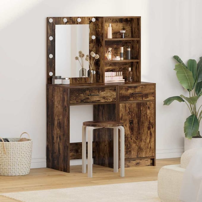 vidaXL - Dressing - tafel - set - met - LED - 2 - st - Rook - Eiken - Bewerkt - hout