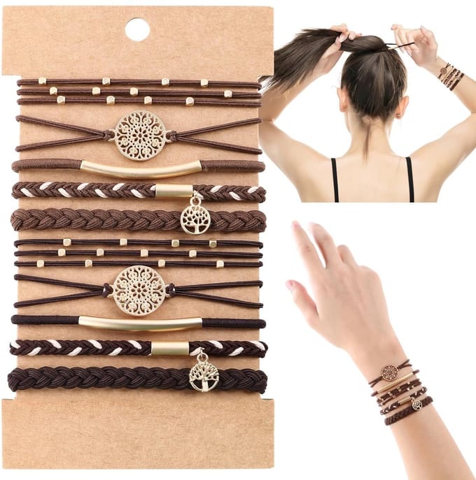 BOTC Haar Elastiekjes - 10 Stuks Boho Bracelets - Braided & Stretch - 5 Styles - Bruin & Donker Koffiekleur