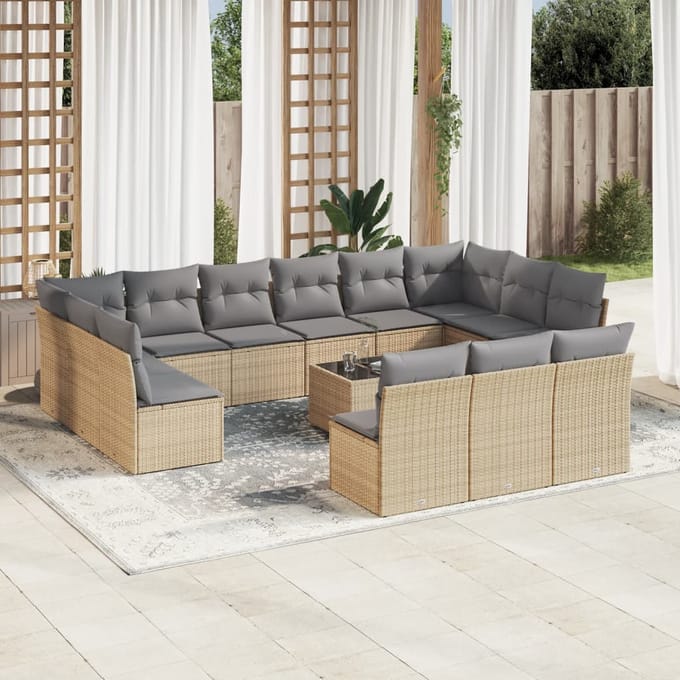 vidaXL - 14-delige - Loungeset - met - kussens - poly - rattan - beige