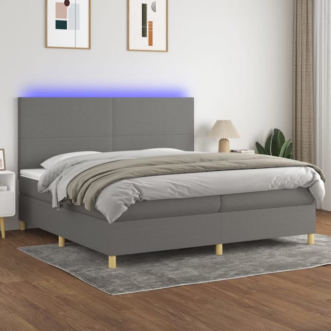 vidaXL - Boxspring - met - matras - en - LED - stof - donkergrijs - 200x200 - cm