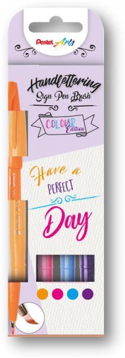 Pentel - Brushpennen - Oranje, Roze, Blauw ,Paars - per 4 verpakt