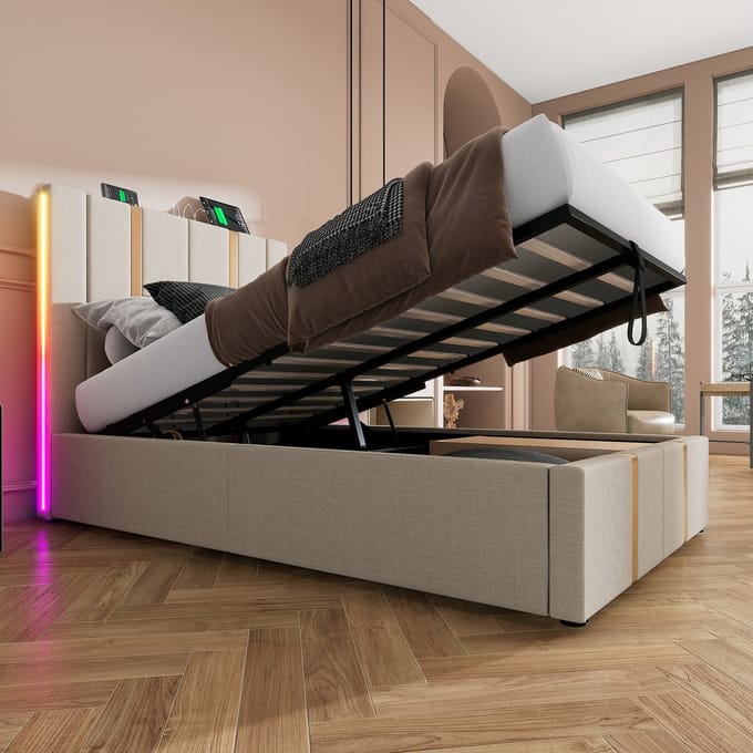 SINGULARITY-Gestoffeerd bed USB Type C APP-Control LED eenpersoonsbed 90x200 opbergbedden bedframe- beige linnen materiaal zonder matras