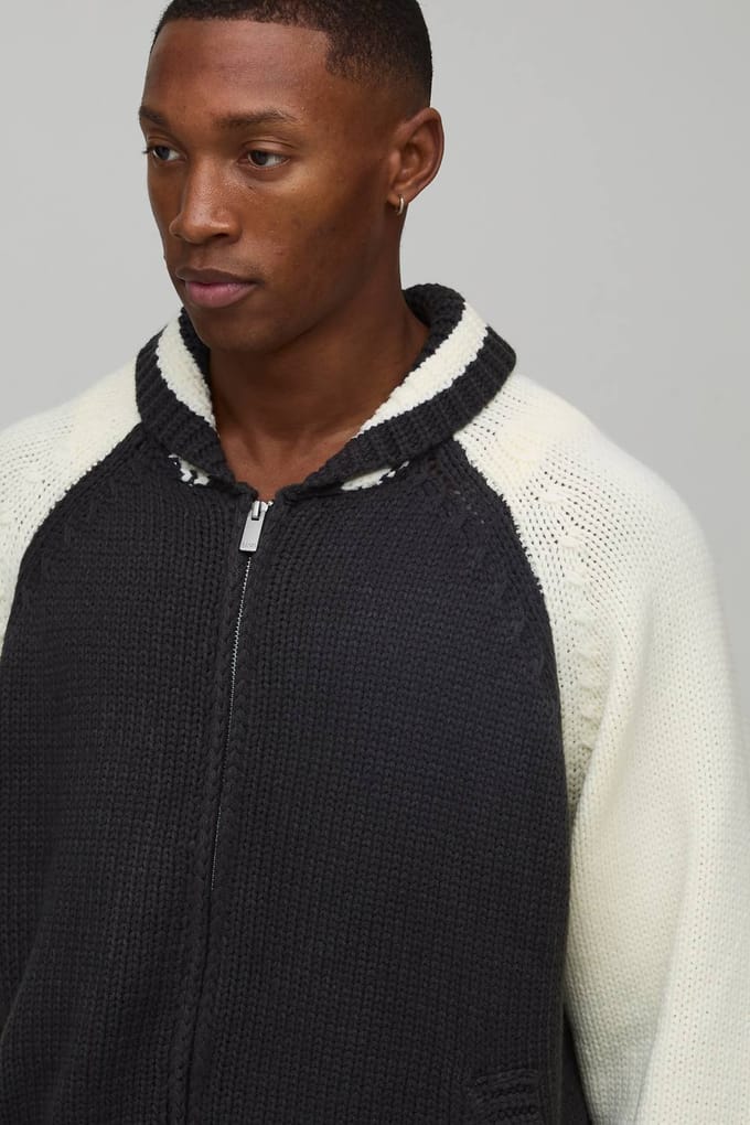 Oversized Chunky Knitted Bomber Jacket | Ecru | Size Medium
