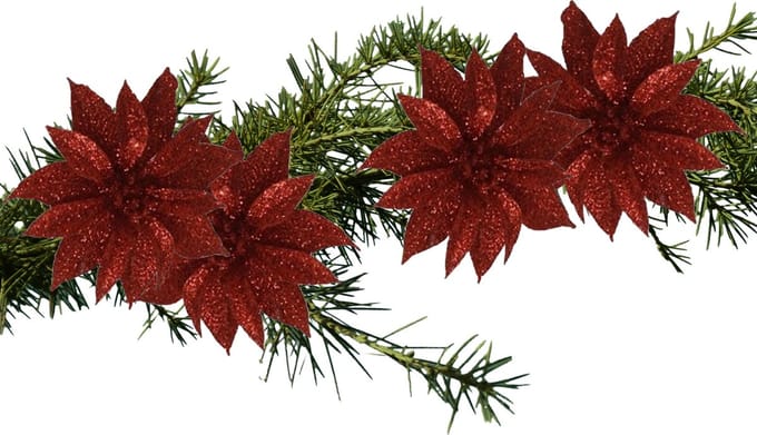 Kerstboomversiering Bloemen - 4x stuks - 9 cm - rood glitter - op clip