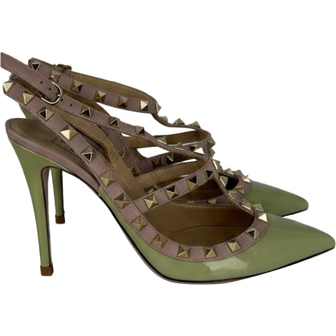 Valentino Rockstud Enkelsandaal met Bandje in Groene Patenten Leer