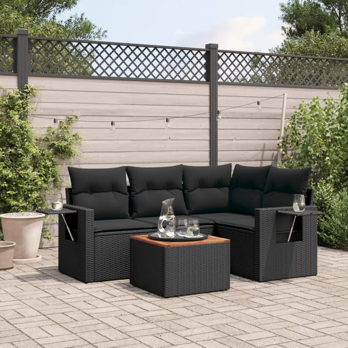 vidaXL - 5-delige - Loungeset - met - kussens - poly - rattan - zwart