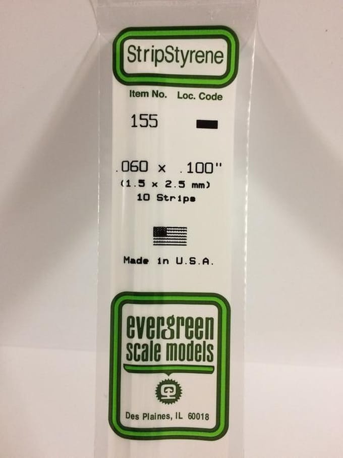 Evergreen Modelbouwdecoratie - 155 Strip 1,5mmX2,5mmX35cm -10 stuks Styreen