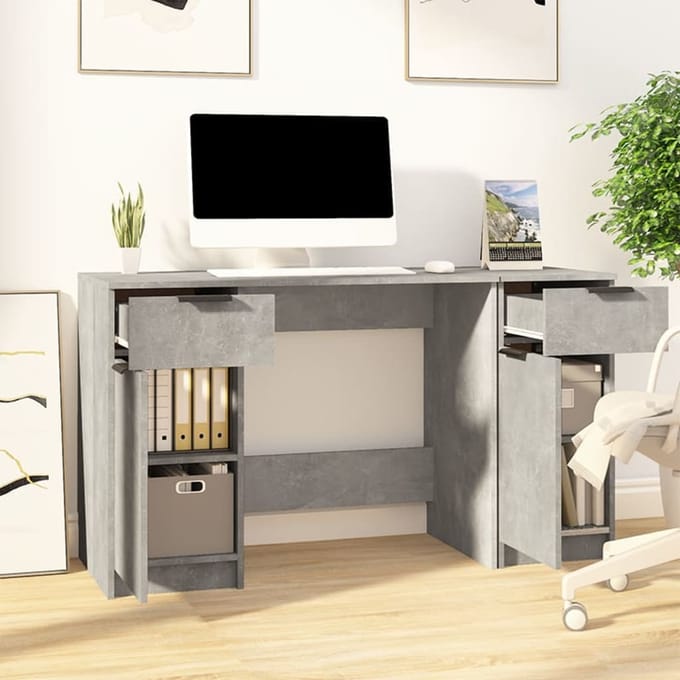 vidaXL - Bureau - met - bijzetkast - bewerkt - hout - betongrijs