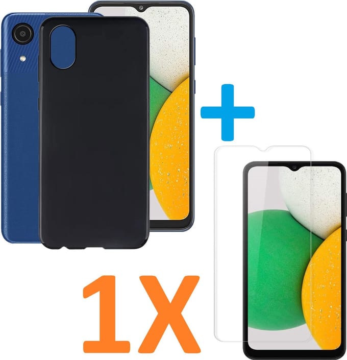 Silicone hoesje zwart met 1 Pack Tempered glas Screen Protector Geschikt voor: Samsung Galaxy A03 Core
