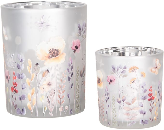Clayre & Eef Theelichthouder Set van 2 Ø 7x8 / 10x13 cm Grijs Glas Bloemen