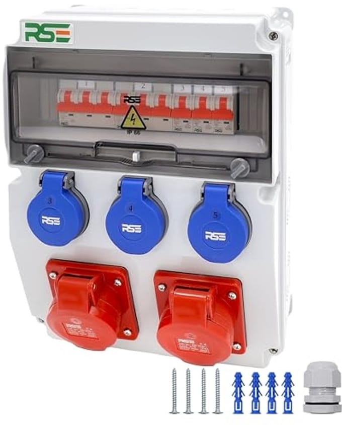 Compleet bedrade bouwstroomverdeler met 2x16A en 3x230V, IP65, CEE-meter